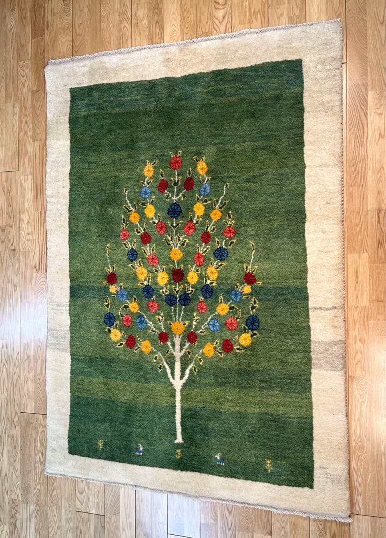 【キャンペーン】ギャッベ リビング168×120 グリーン　緑　生命の木　花