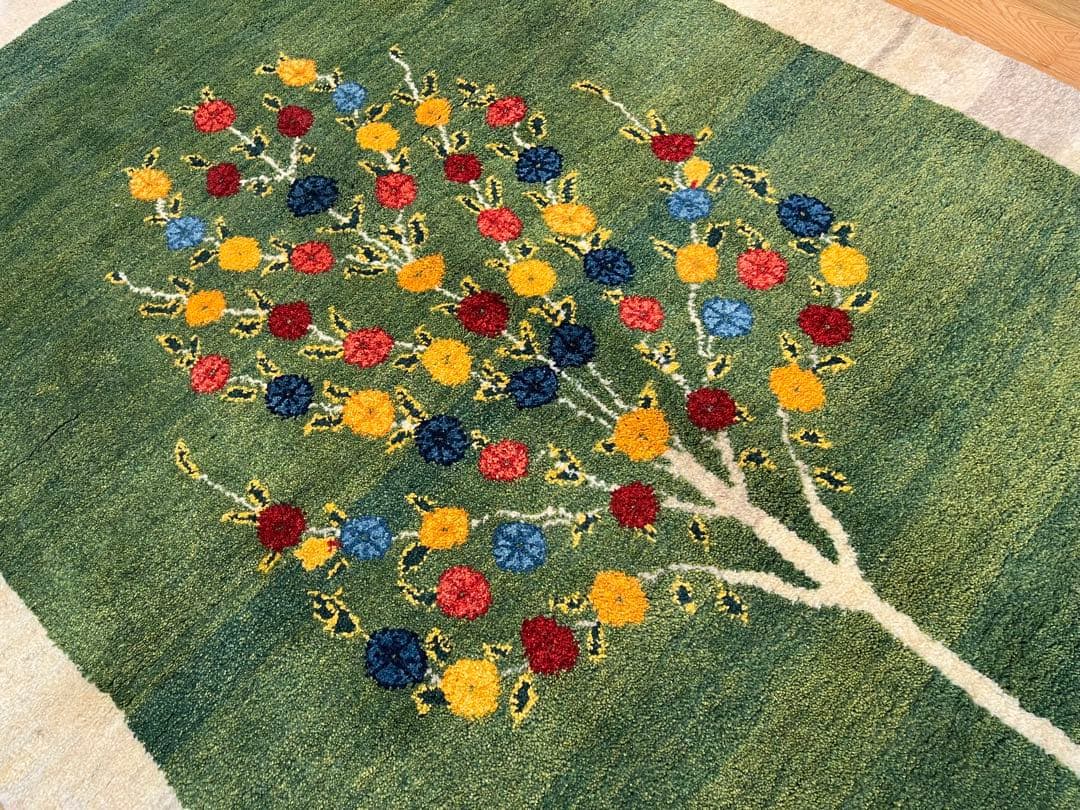 【キャンペーン】ギャッベ リビング168×120 グリーン　緑　生命の木　花