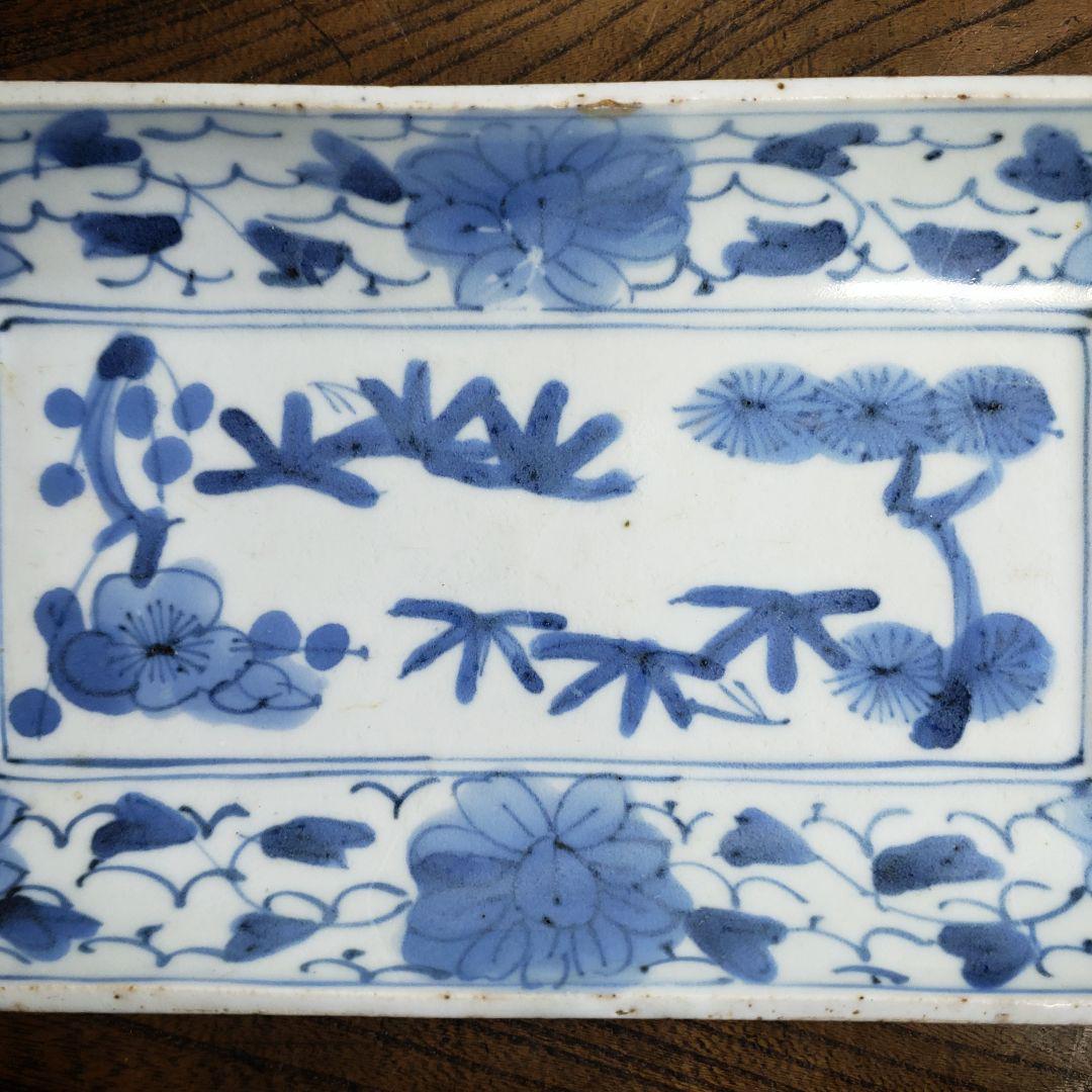 古伊万里 染付松竹梅図長皿 牡丹唐草 花唐草 鮎皿 江戸後期 厚手 訳あり