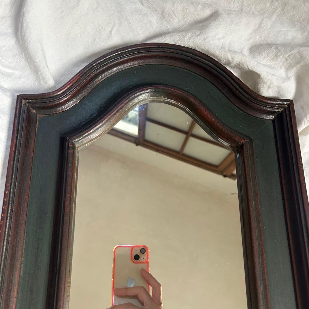 フランスアンティーク　ウォールミラー　鏡　壁掛アーチ　ダークグリーン