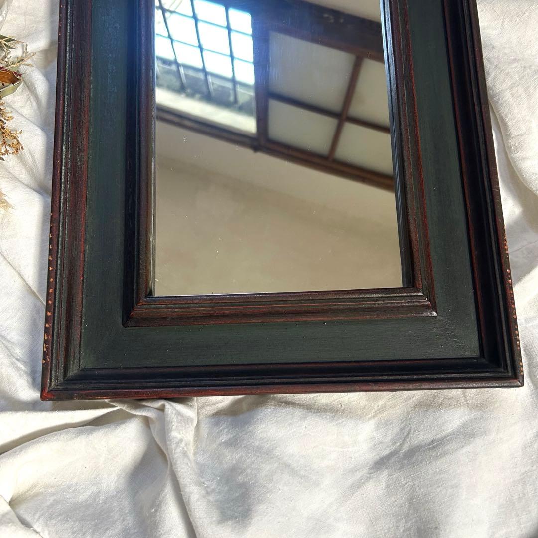 フランスアンティーク　ウォールミラー　鏡　壁掛アーチ　ダークグリーン