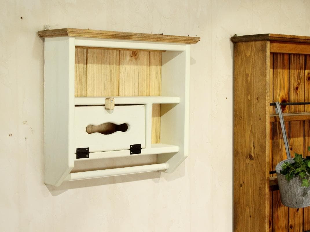 ハンドメイド　ホワイトシャビー　ティッシュシェルフ タオルホルダーつき