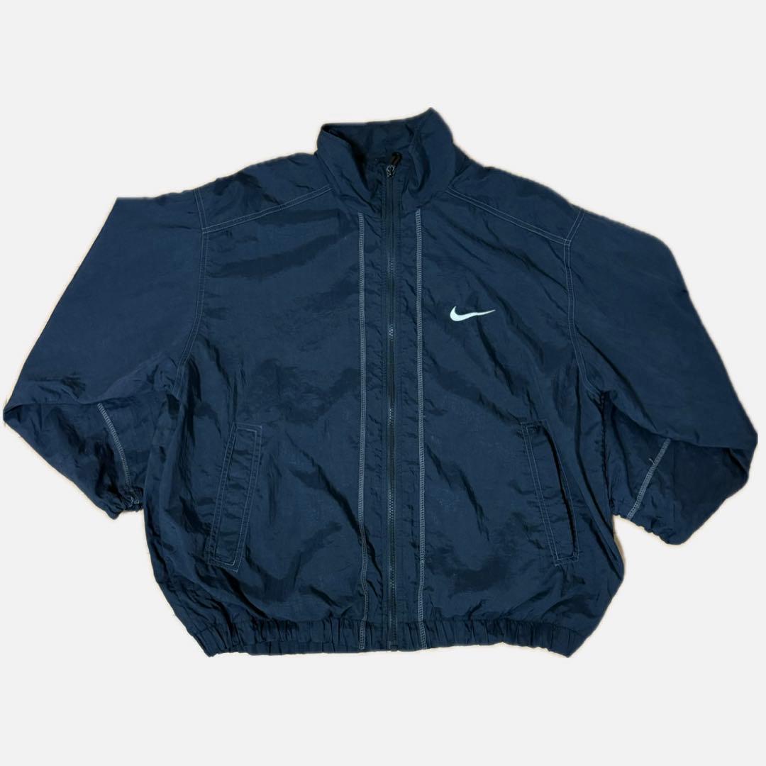 90s NIKE 無地 ナイロンジャケット 白タグ M 黒 刺繍ロゴ