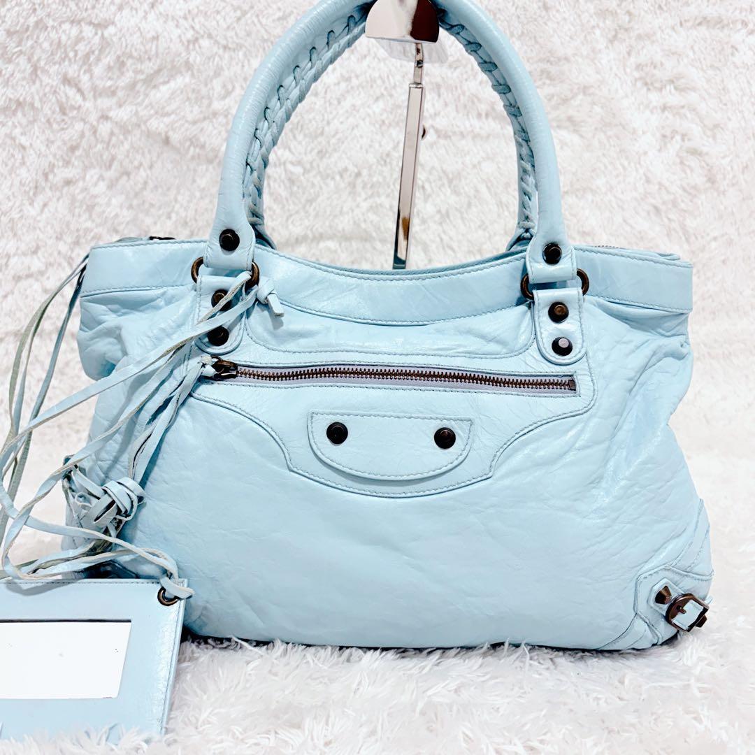 BALENCIAGA クラシックシティ ライトブルー レザー ハンドバッグ 鏡付