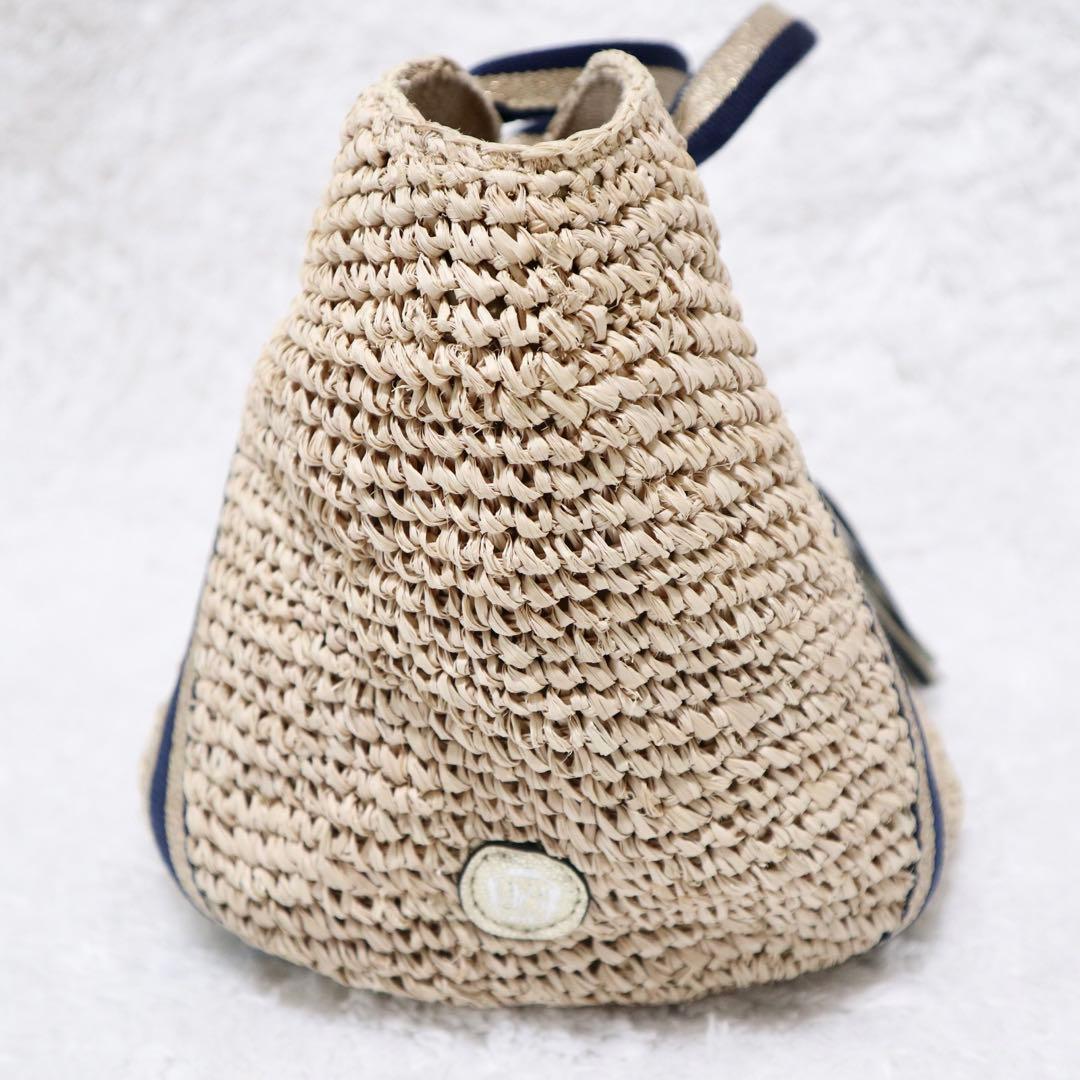 美品★ヴィオラドーロ かごバッグ ラフィア タッセル ラメ ネイビー×ゴールド