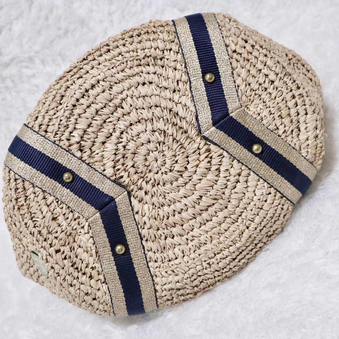 美品★ヴィオラドーロ かごバッグ ラフィア タッセル ラメ ネイビー×ゴールド