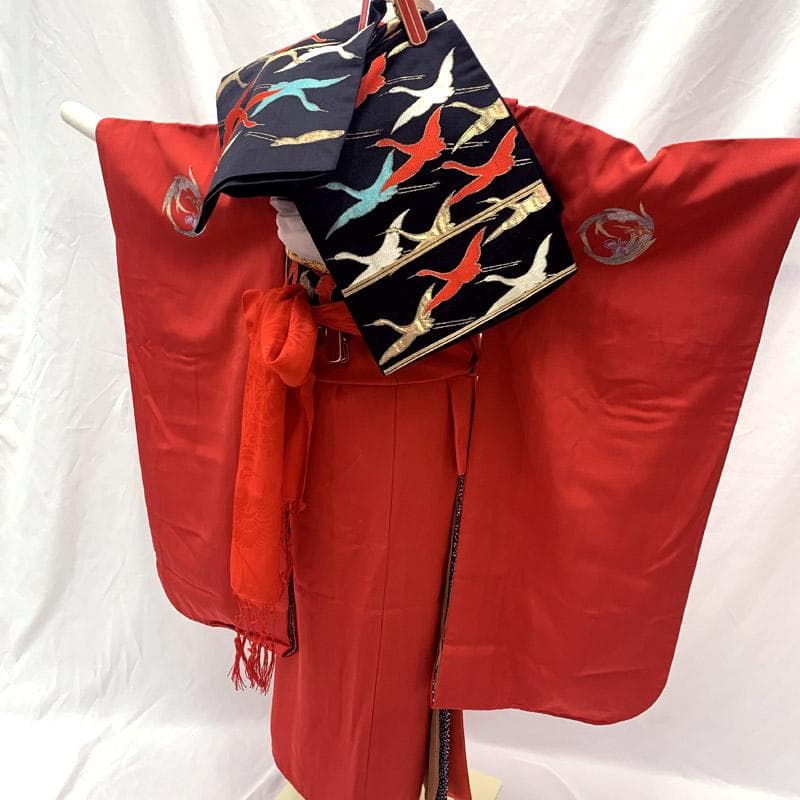 511ag59■七五三 七歳 女児 着物&袋帯&長襦袢 手鞠 駒 赤■美品