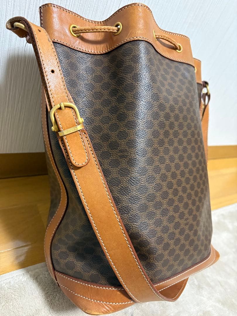 CELINE マカダム柄 巾着ショルダーバッグ ブラウン