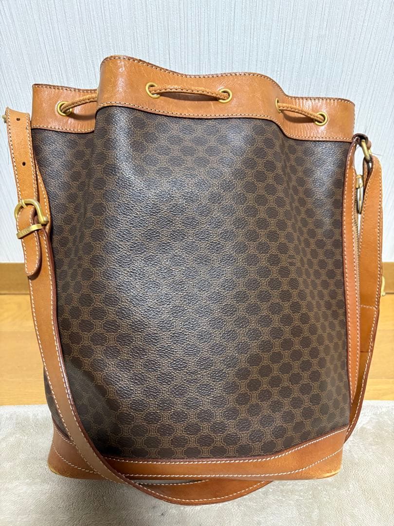 CELINE マカダム柄 巾着ショルダーバッグ ブラウン