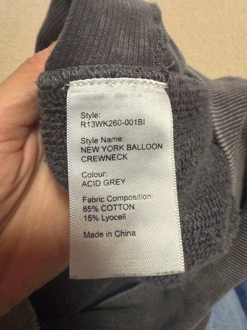 R13ユーズド加工スウェットNew Yorkバルーンクルーネック黒系M