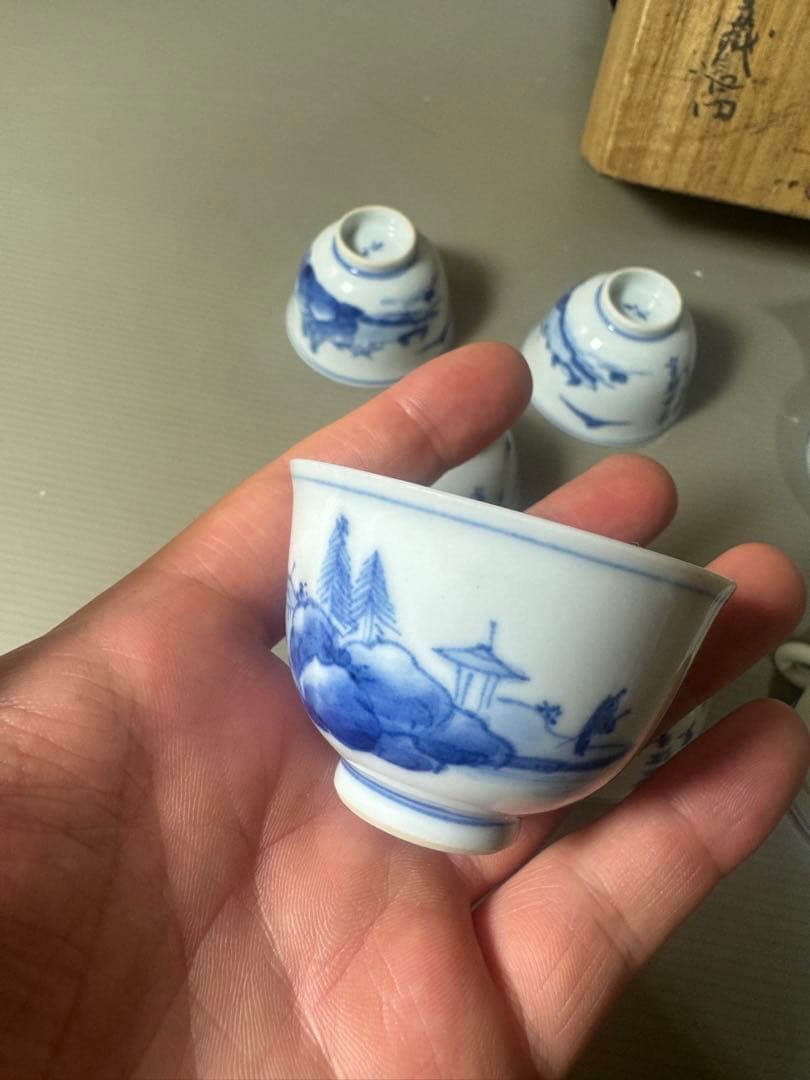 2340九谷焼　青九谷青花　染付山水　茶器セット　宝瓶1客　湯冷し1客　湯呑5客