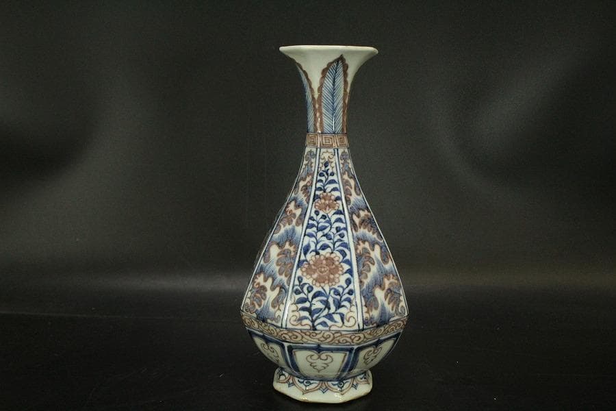 中国美術 青花紅 蓮花紋 八方瓶(A817)