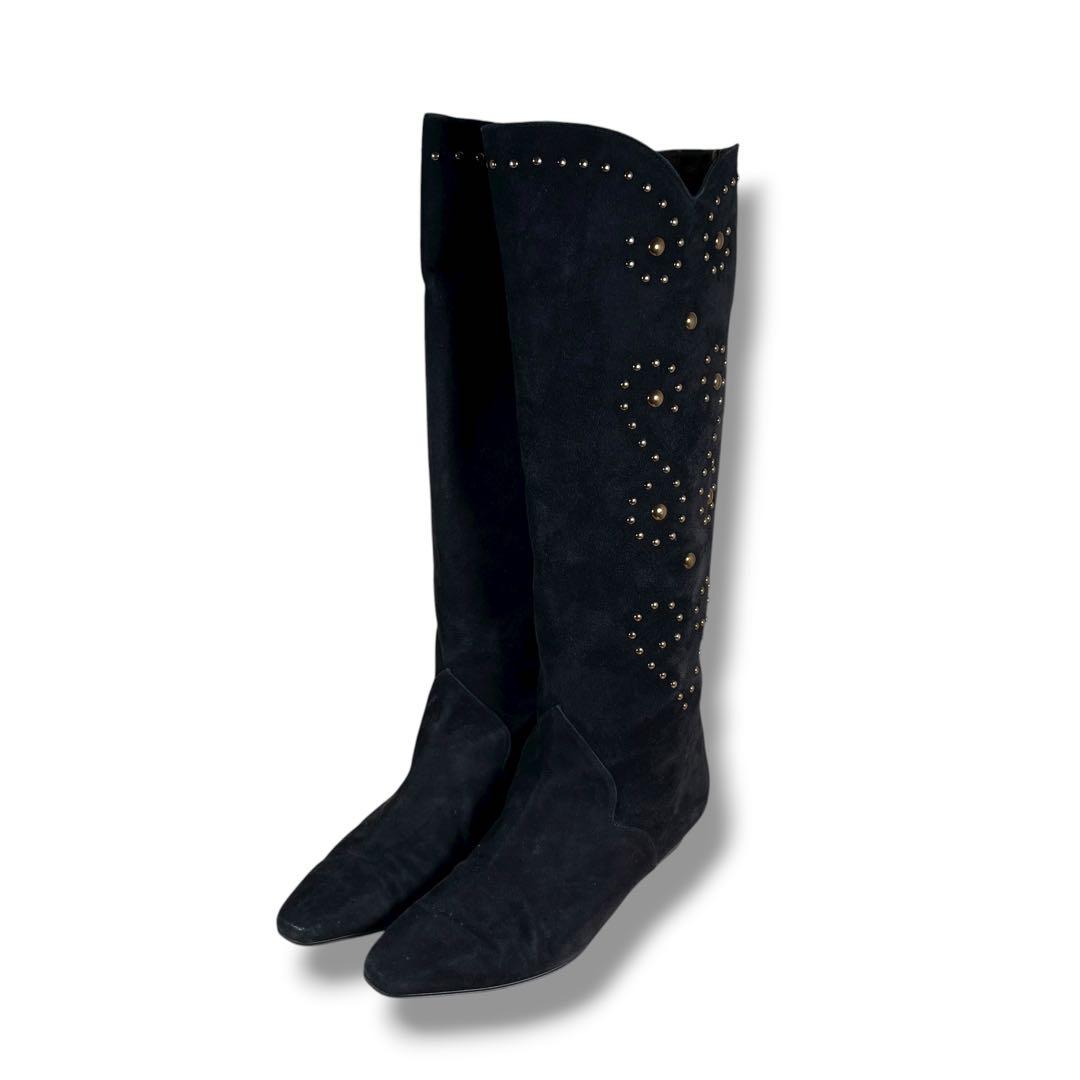 極美品 YSL イブサンローラン ロングブーツ スタッズ ウエスタンブーツ 黒