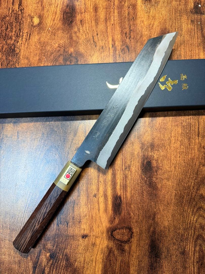 森本光一作　和牛刀 切付 黒打 包丁　8寸　白ニ鋼　ウェンジ白水牛八角柄