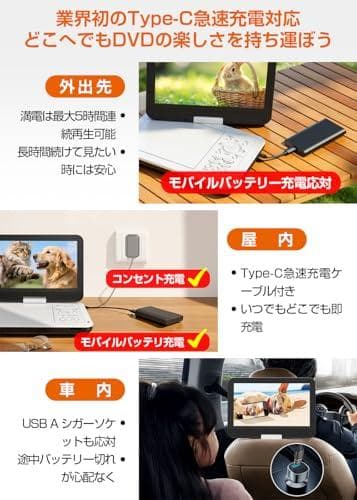 ポータブルDVDプレーヤー【業界初 type-c急速充電 充電応対 目の保護モp