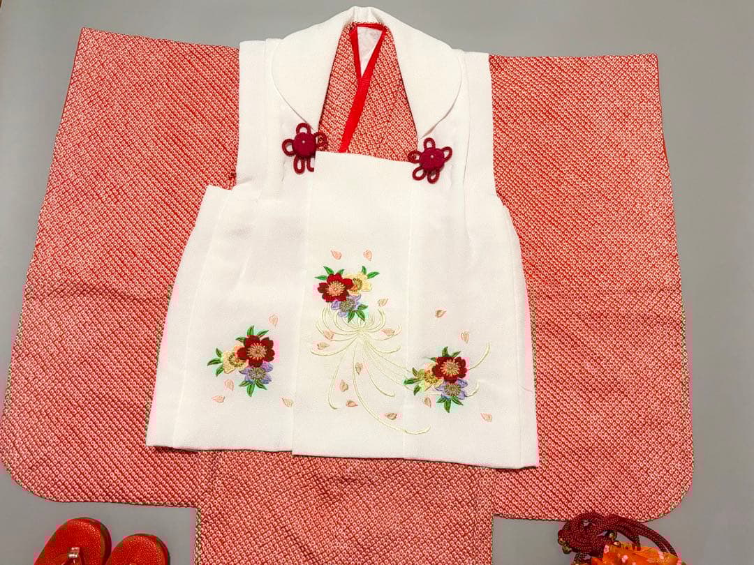 七五三　正絹　3歳　絞り　総絞り　被布　刺繍　一つ身　フルセット　朱色　オレンジ