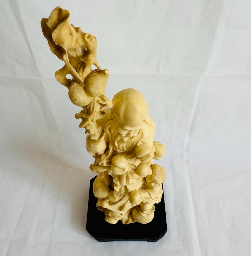 アンティーク調 樹脂製 彫刻 仙人像 寿老人 鶴 子供 桃 縁起物 インテリア