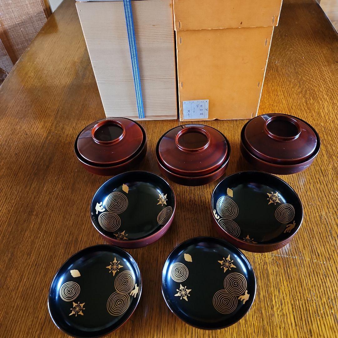 赤い木製蓋つき煮物椀5個セット