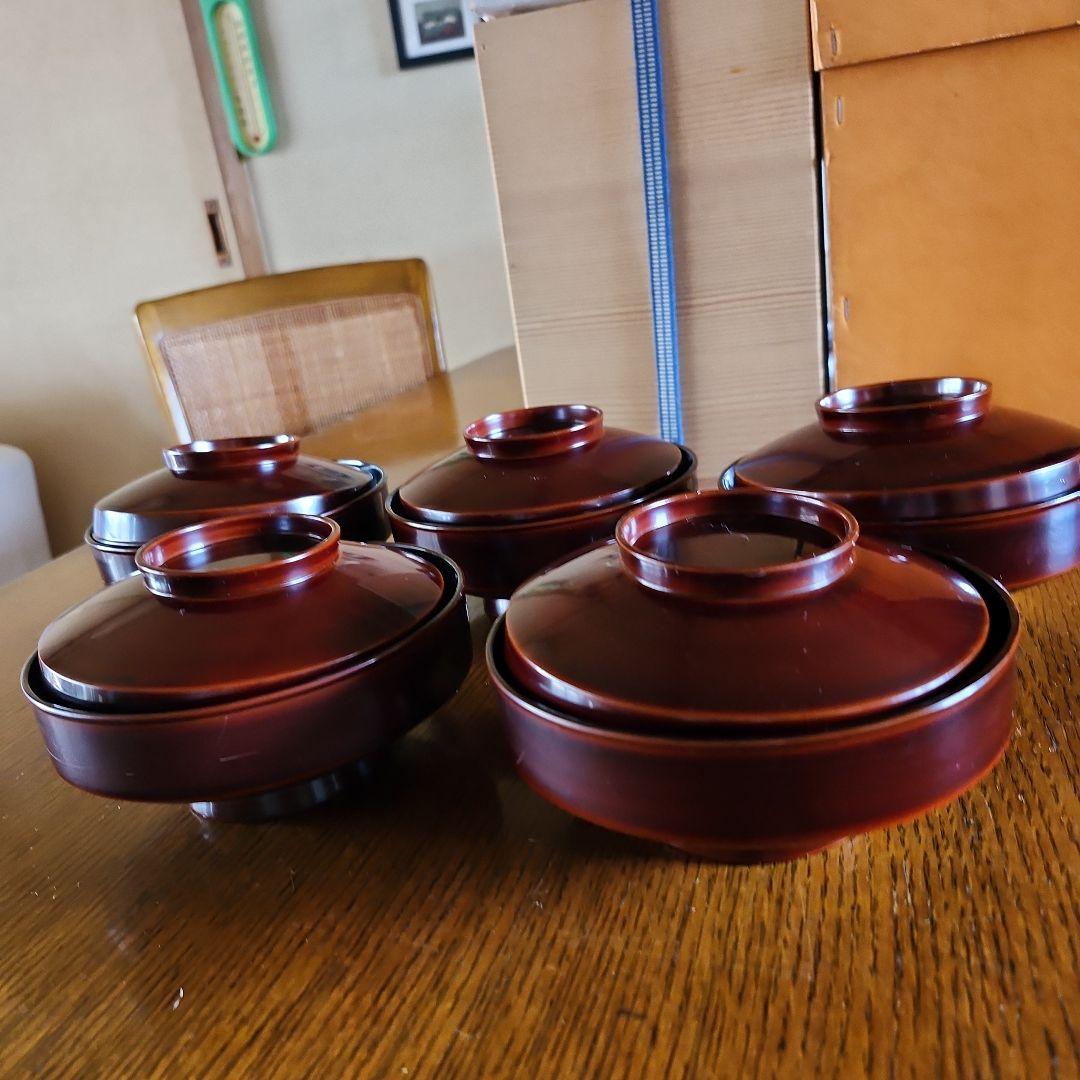 赤い木製蓋つき煮物椀5個セット