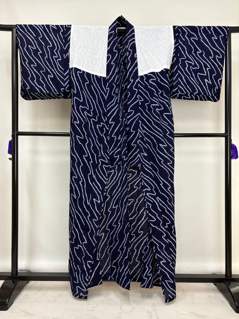 浴衣 絞り 藍色 流水 居敷当て有り