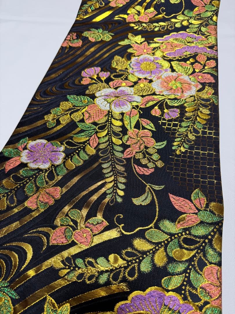 高級 袋帯 正絹 六通柄 辻が花 ブラック ゴールド 振袖 訪問着 色無地