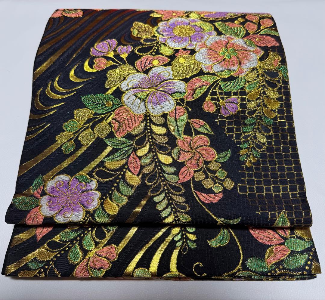 高級 袋帯 正絹 六通柄 辻が花 ブラック ゴールド 振袖 訪問着 色無地