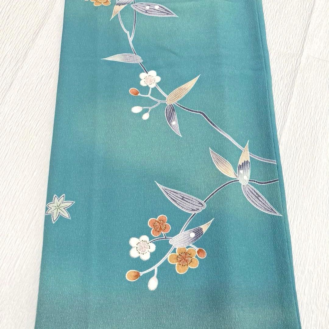 【良品✨】東レシルック　洗える着物　小紋　青みの緑色　梅　紅葉　手縫い仕立てB6