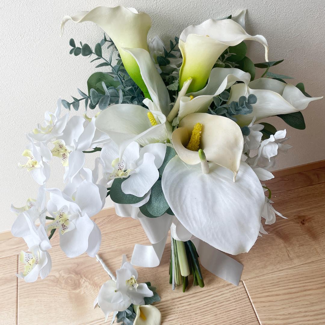アーティフィシャルフラワー 結婚式 ブーケ ホワイト アンスリウム 蘭 セット