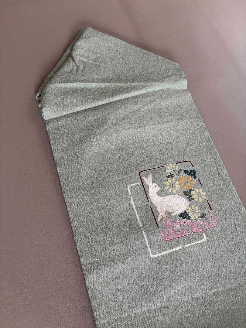 正絹 縮緬 九寸名古屋帯 金彩 花兎 手描き友禅 美品