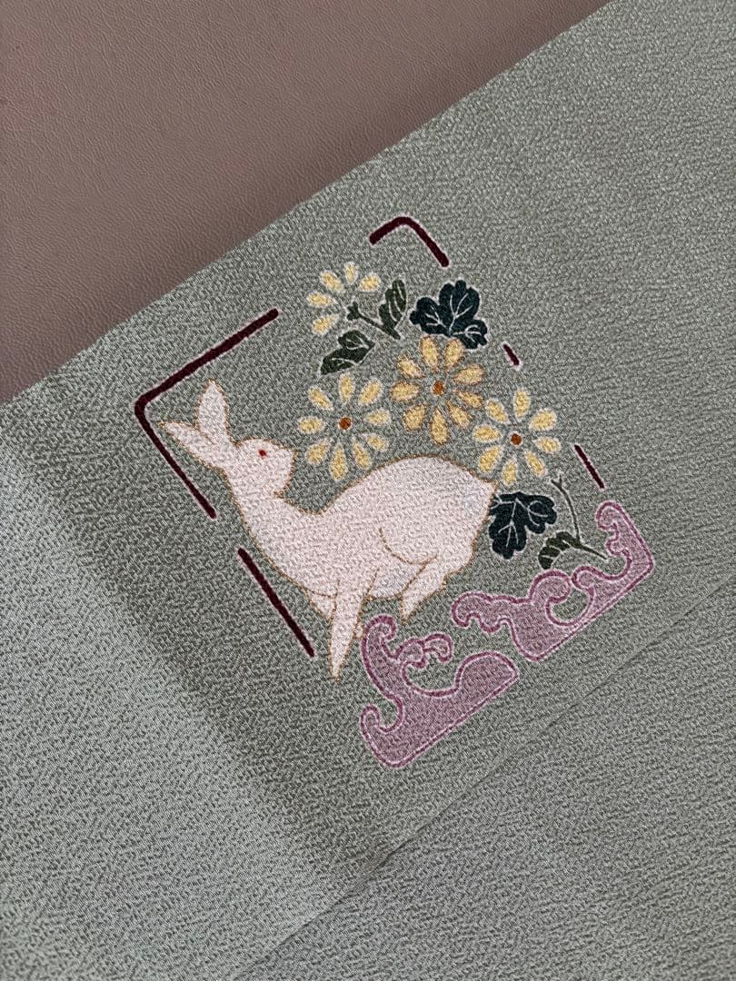 正絹 縮緬 九寸名古屋帯 金彩 花兎 手描き友禅 美品