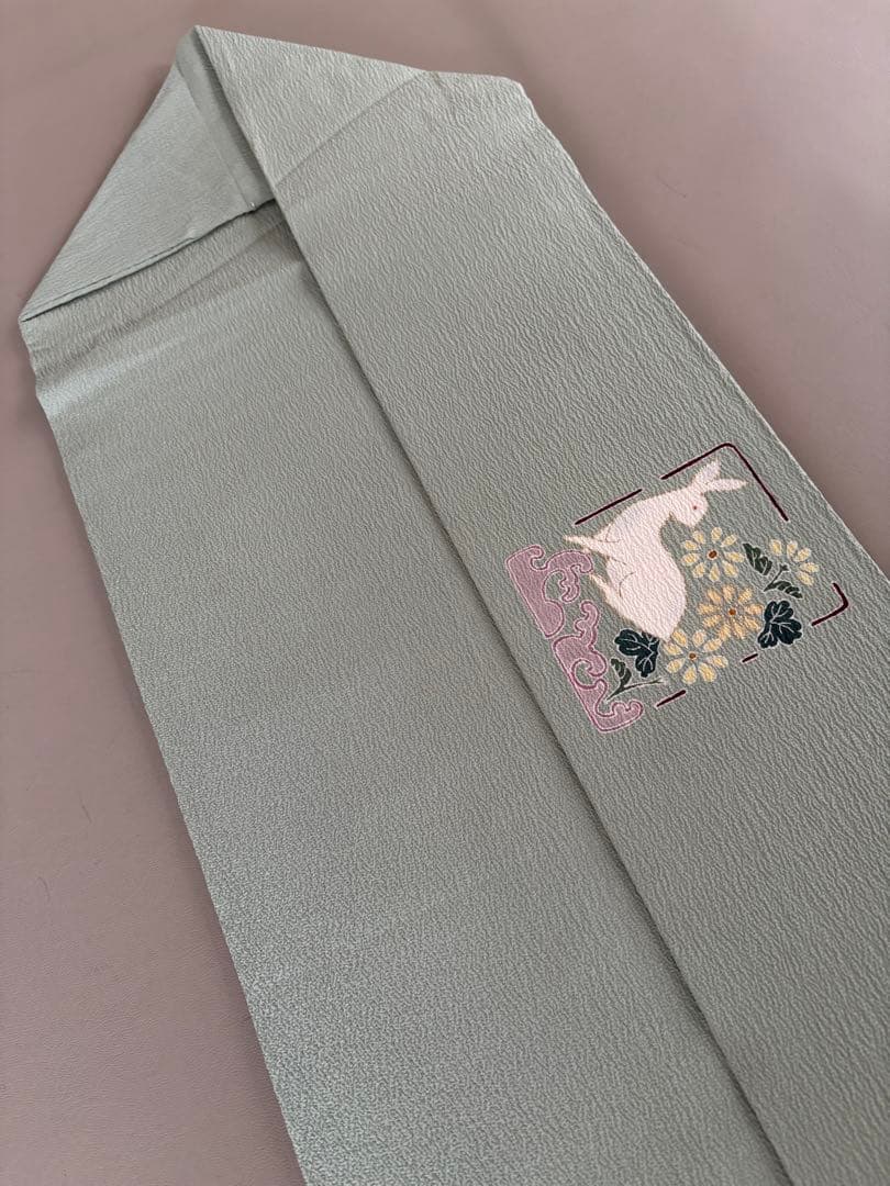 正絹 縮緬 九寸名古屋帯 金彩 花兎 手描き友禅 美品