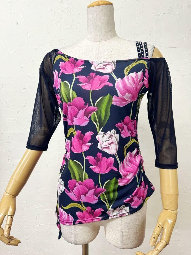 【紺】新品　社交ダンス　ピンク花柄プリント　アシンメトリーカットソーr241