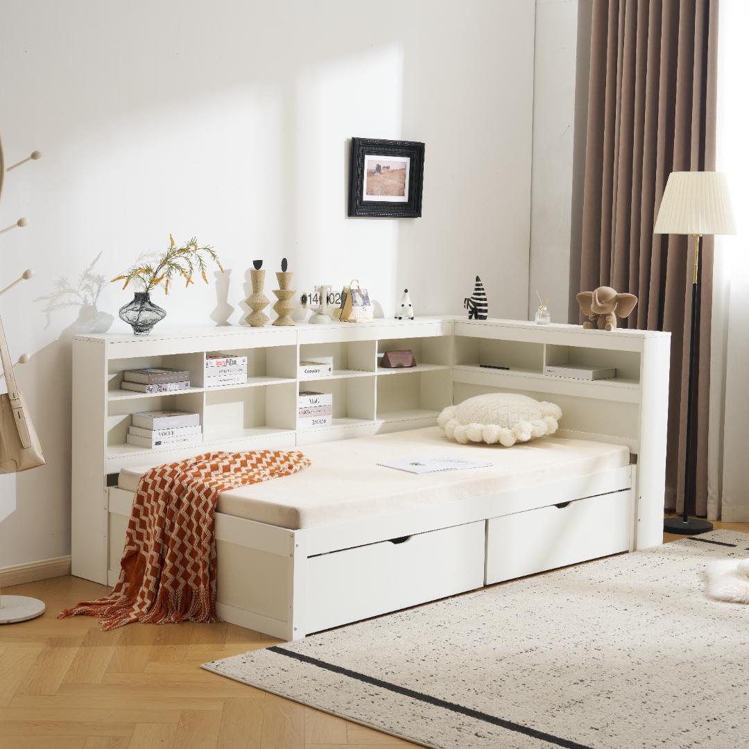 システムベッド　コンセント・デスク・ラック棚付き　スチール製　WHITE