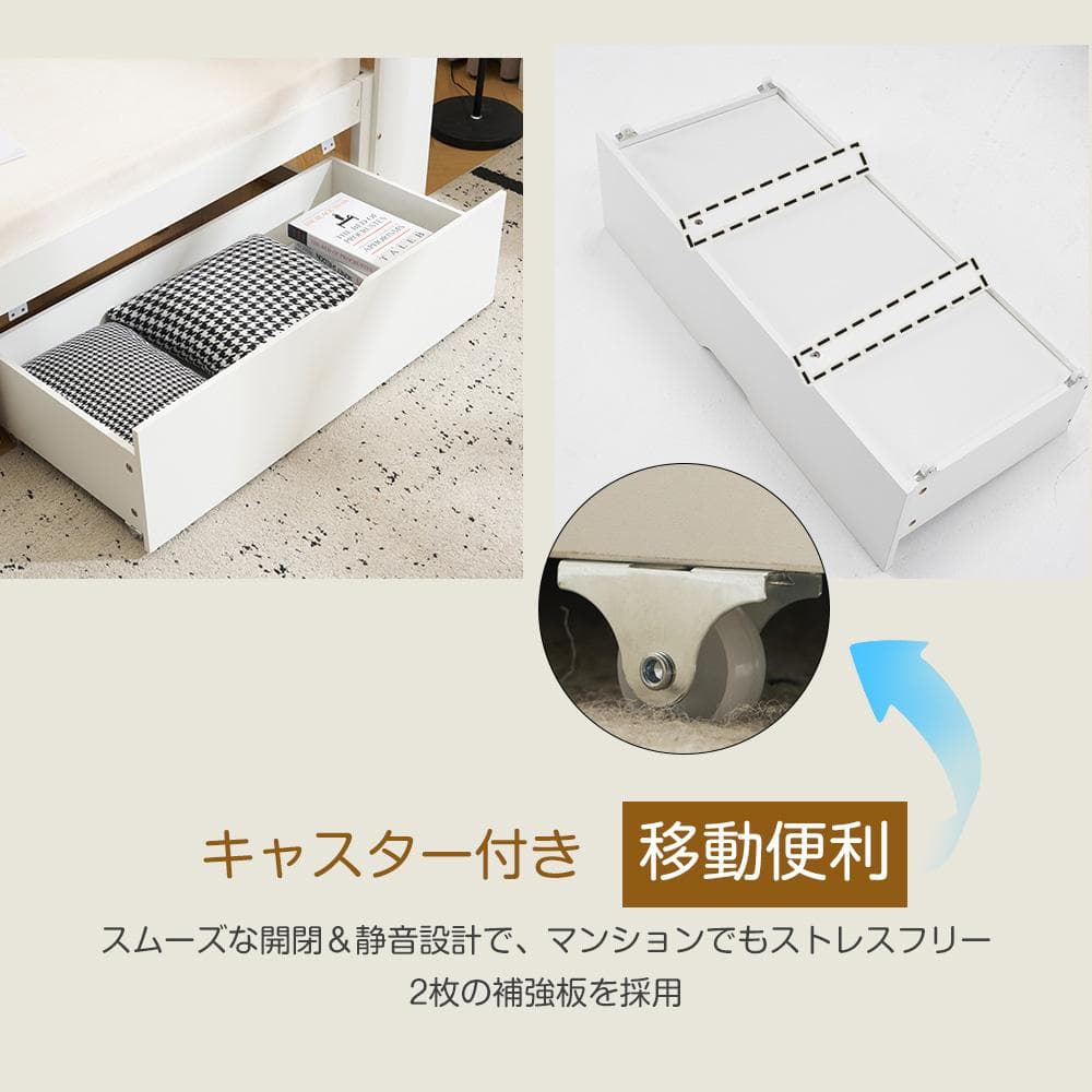 システムベッド　コンセント・デスク・ラック棚付き　スチール製　WHITE