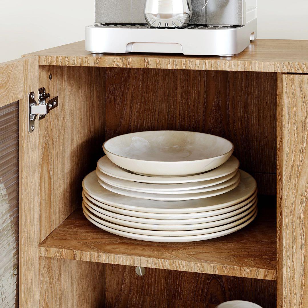 キャビネット サイドボード LEDライト付き 両開き扉収納 木目調 北欧風