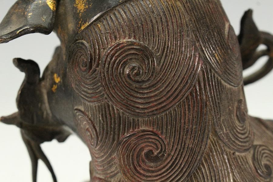 色絵銅 親子獅子 置物 24.5cmx14cm 時代物(K-XA771)