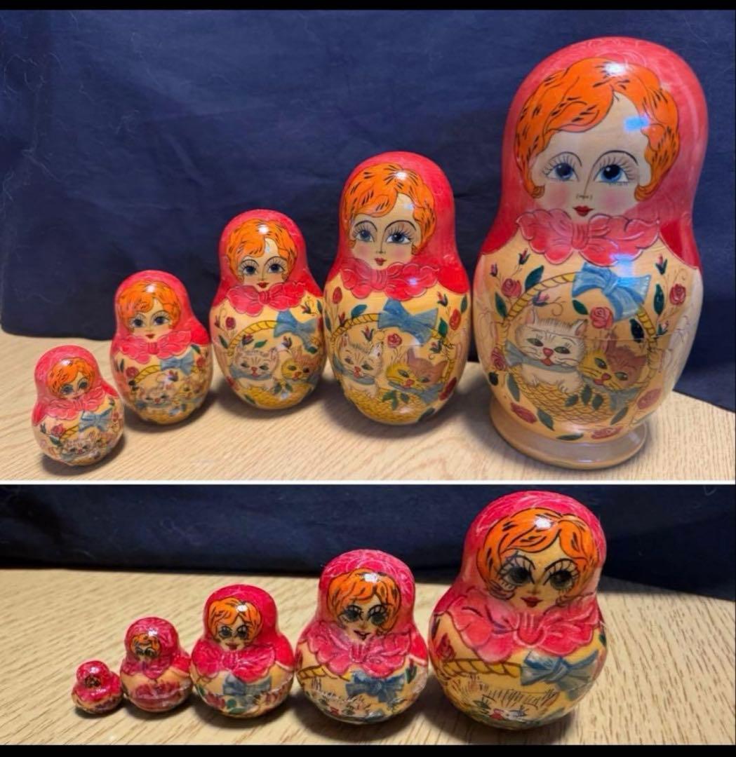 ヴィンテージ ロシア　デザイナーズ　猫と女の子マトリョーシカ　長期保存