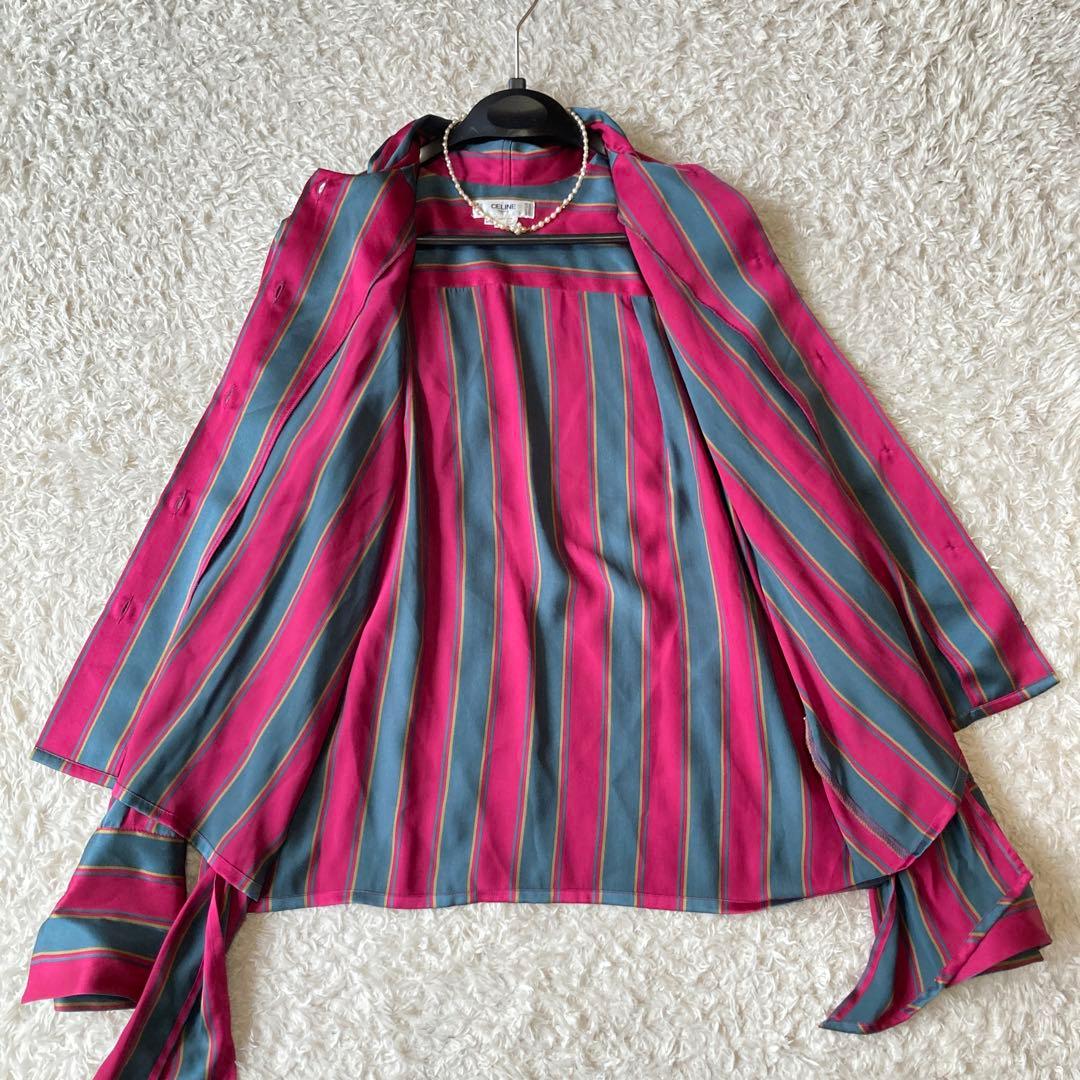 希少✨シルク100%セリーヌ　トリンオンフ金ボタン　ボウタイストライプ柄ブラウス