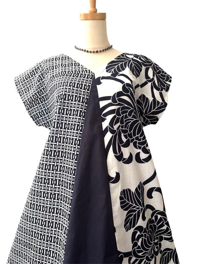 6Y39-⑤浴衣リメイク　ワンピース　ロング　ハンドメイド優雅Aライン　新品反物