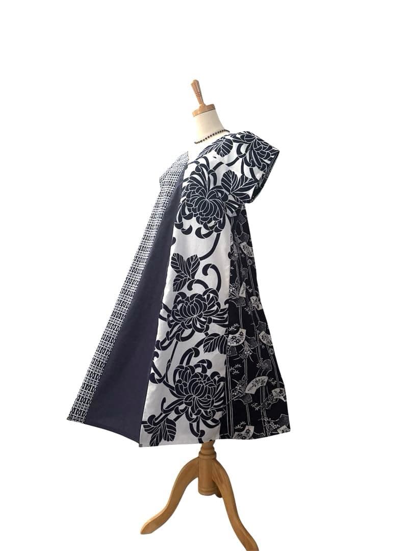 6Y39-⑤浴衣リメイク　ワンピース　ロング　ハンドメイド優雅Aライン　新品反物