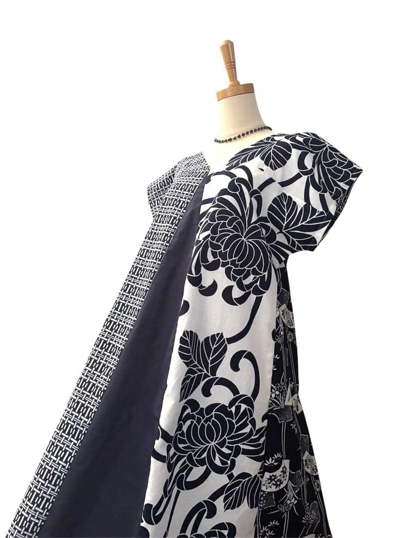 6Y39-⑤浴衣リメイク　ワンピース　ロング　ハンドメイド優雅Aライン　新品反物