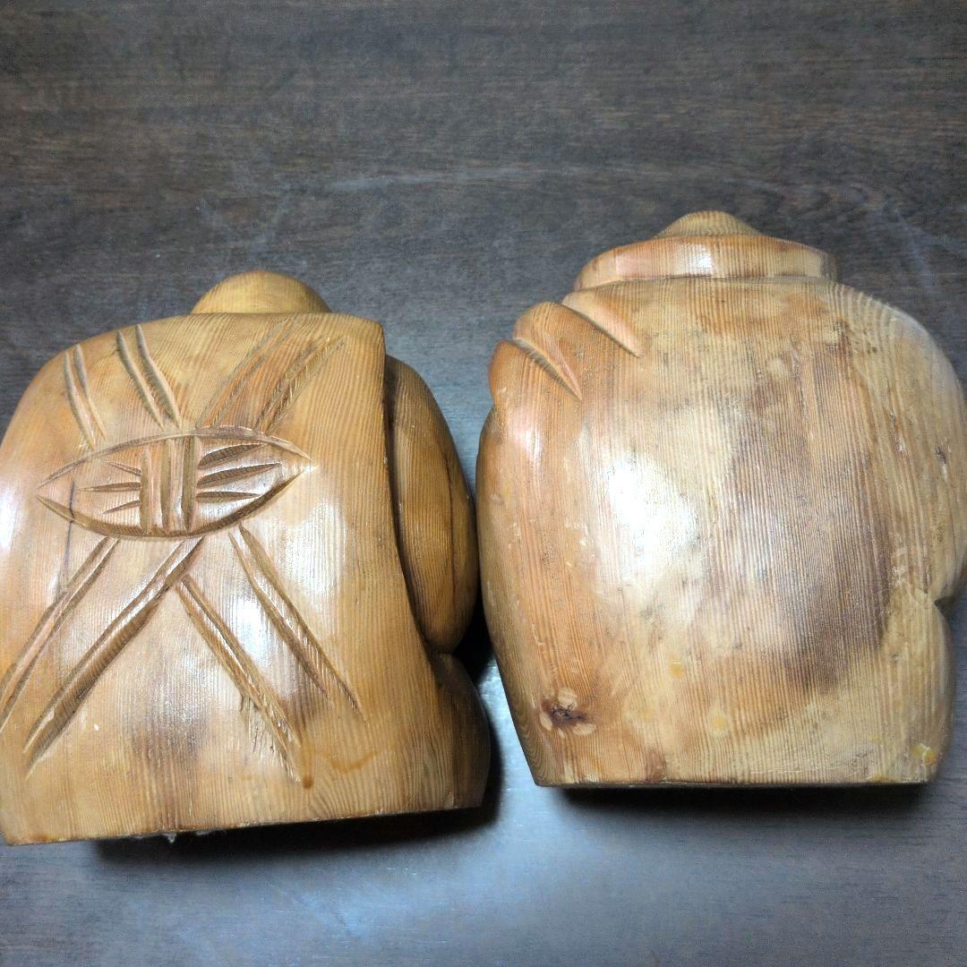 (値下)　木製彫刻 笑顔の神様(大黒天＋恵比寿天)　2点