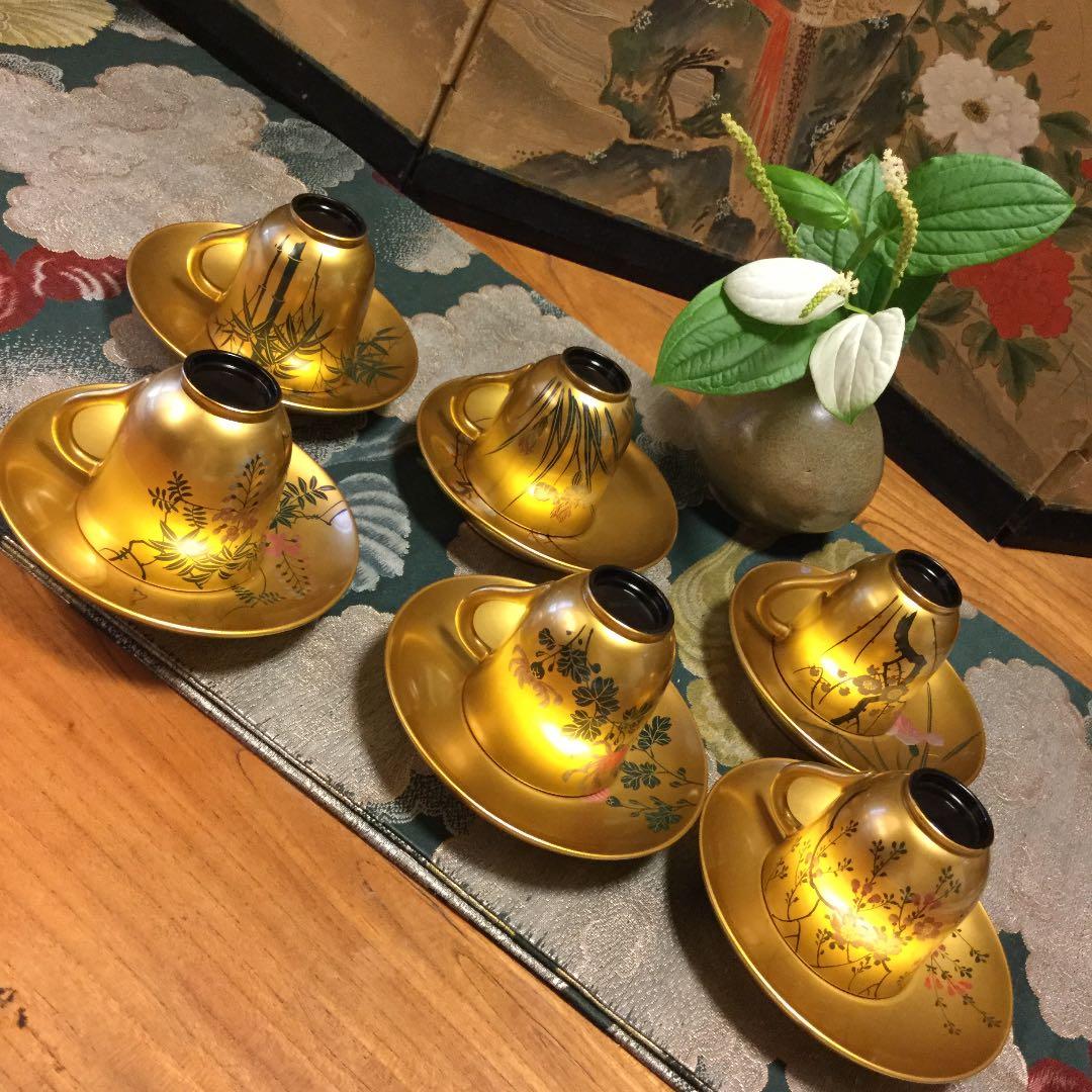 ❣特別出品 極上木製漆 絵替季節の花蒔絵 デミタス6客セット スプーン付