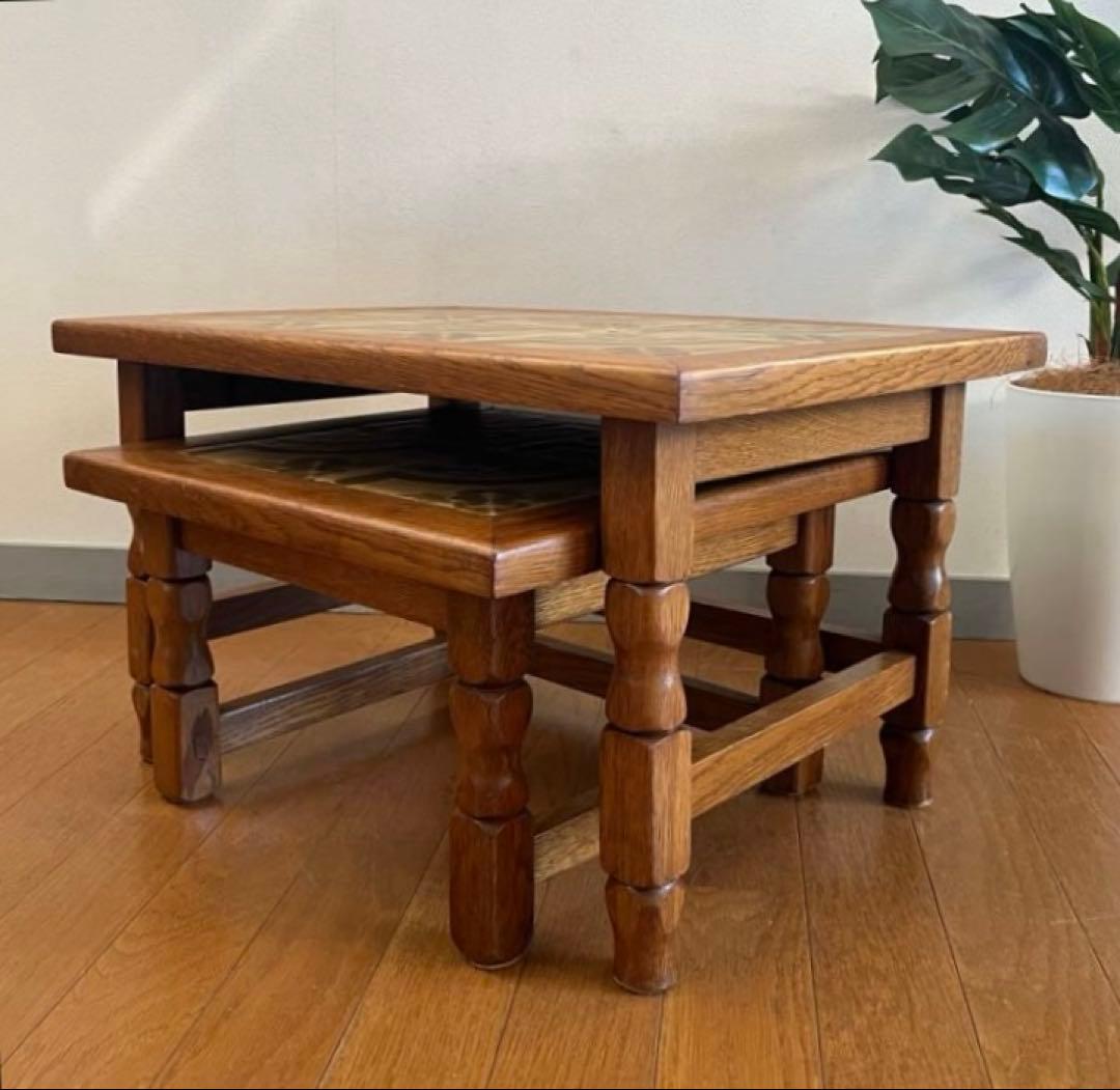 ヴィンテージ　ルーマニア　タイルトップ　ネストテーブル　オーク　サイドテーブル