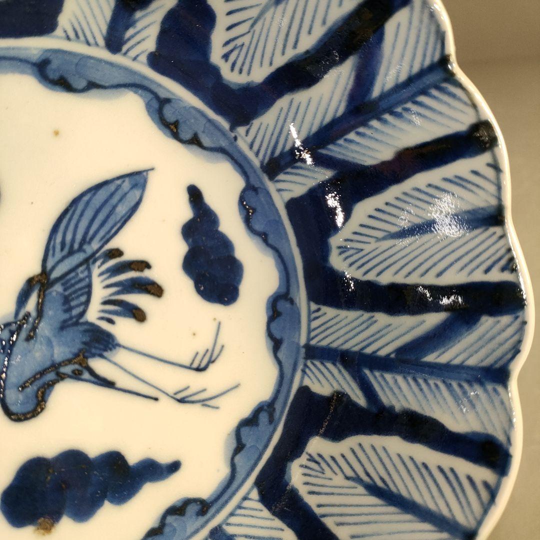 A1349-4/古伊万里染付雲鶴文輪花皿8客/銘々皿/飾鉢/盛鉢/懐石道具/