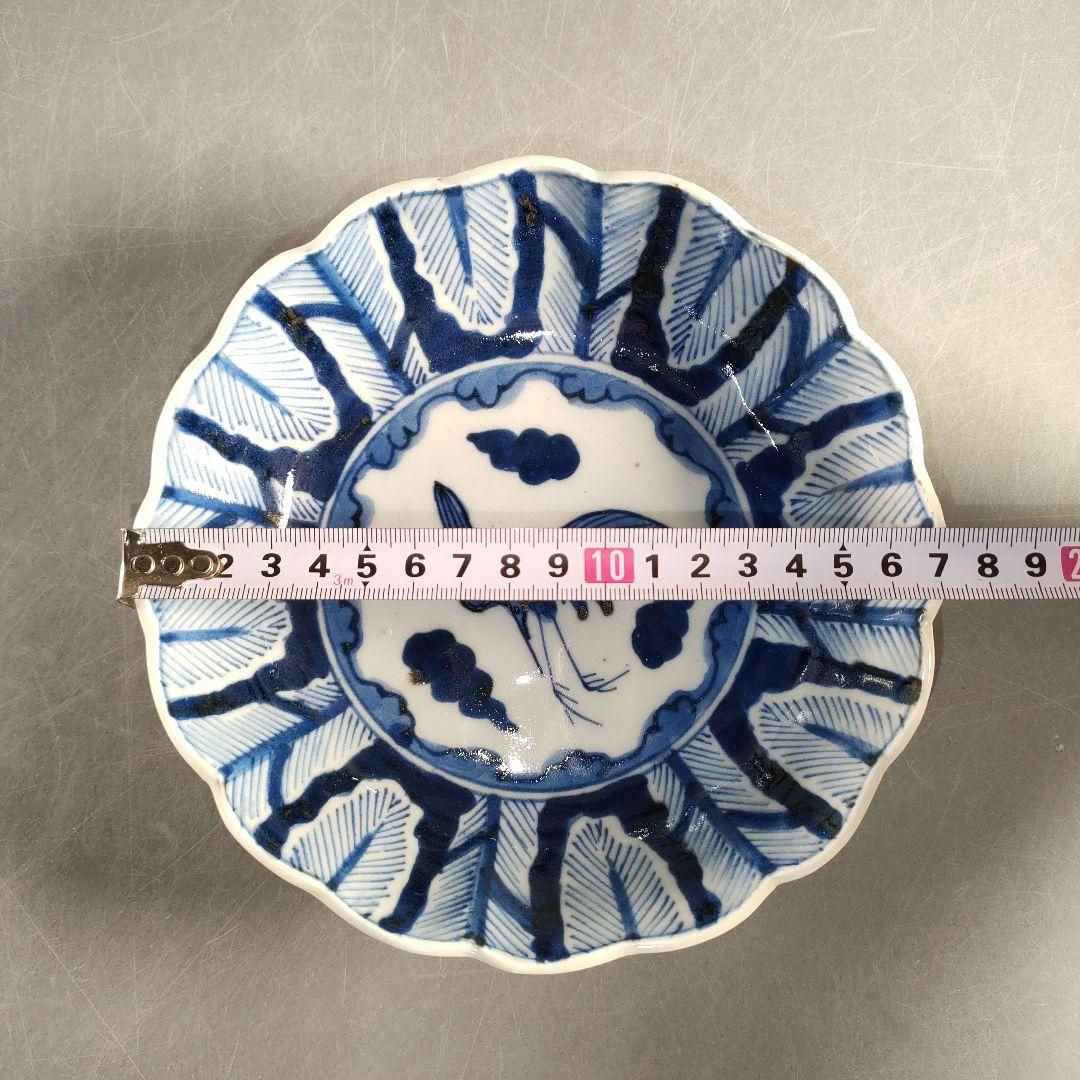 A1349-4/古伊万里染付雲鶴文輪花皿8客/銘々皿/飾鉢/盛鉢/懐石道具/