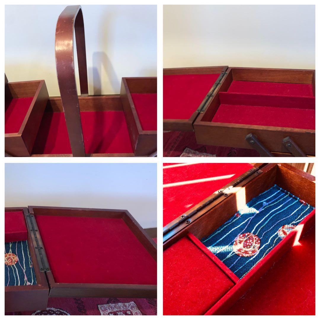 【漆塗り段々お針箱】木製　アンティーク　昭和　小物入れ　古物　ビンテージ