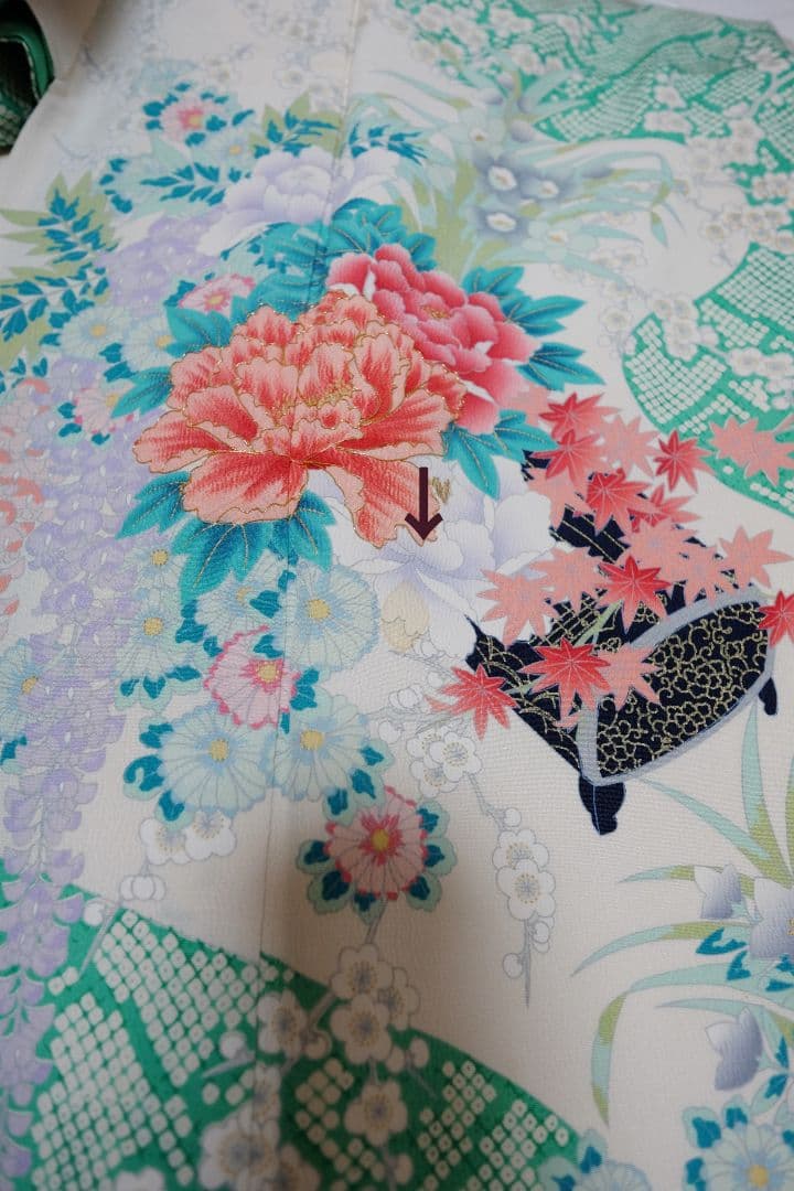 振袖フルセット　ミントグリーン　牡丹×疋田柄　上品キレイ目コーデ