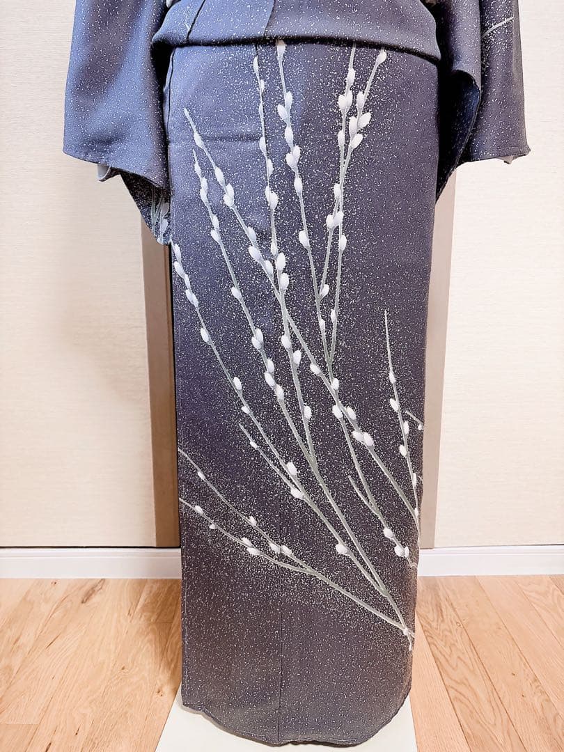 新品　正絹　訪問着　フルセット　加賀友禅　裄65 卒業式　M 青　紺　猫柳