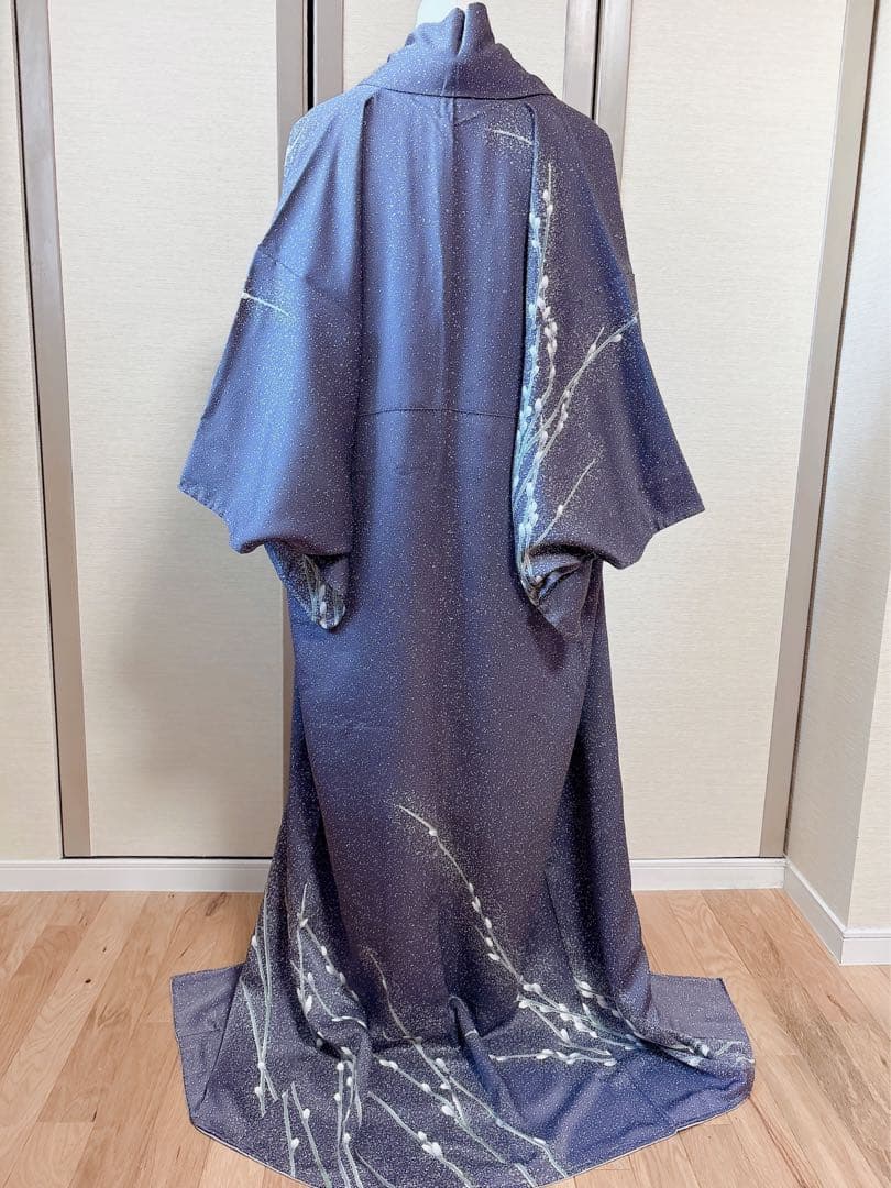 新品　正絹　訪問着　フルセット　加賀友禅　裄65 卒業式　M 青　紺　猫柳